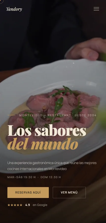 Página web de Restaurant Tandory en móvil